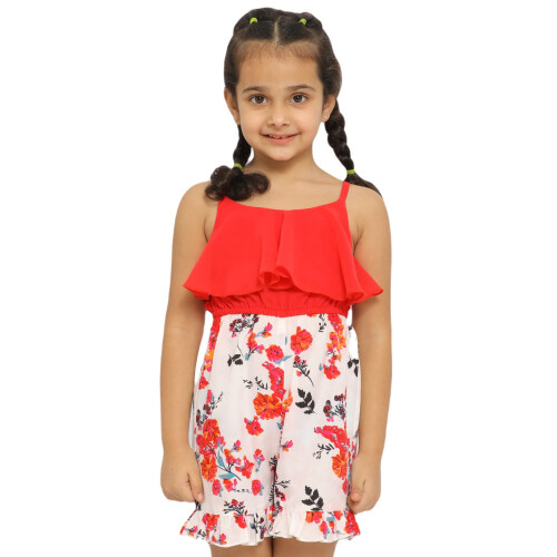 Nautinati Κορίτσια Floral Printed Ραμμένα Στραπς Playsuit Jumpsuit Κόκκινο-Λευκό