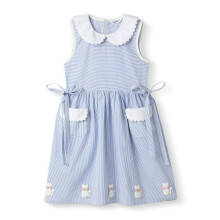 Vestido de Algodão com Gola Peterpan para Meninas com Bolsos e Apliques de Gato Azul