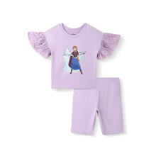 Conjunto de Top e Calções em Algodão para Meninas | Top com Impressão Frozen | Mangas Schiffli | Calções Sólidos | 2-10 Anos