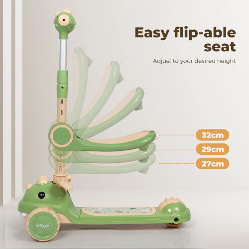 Dekko Foldable Kids Scooter Flip-able Seat Adjustable Height LED Light Green 2