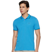 Camiseta Polo Masculina Peter England Ajustada Com Gola Colorida| Algodão Rico| Piquê Médio Azul