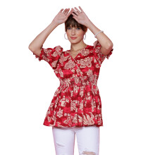 Sheetal Associates Dames Crepe Tuniek Top Met Half Puff Mouwen V-Hals Bloemmotief En Korte Lengte