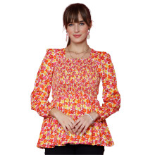 Sheetal Associates Kvinders Casual Puff Ærmer Grafisk Peplum Top