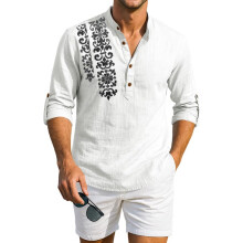 Camisa Kurta Masculina Regular Fit Estilosa com Design Bordado em Algodão Branco