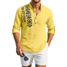 Camisa Kurta Masculina Regular Fit Estilizada Amarela em Mistura de Algodão