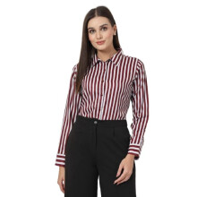 Camisa Formal Feminina Marrom e Branca Listrada em Poliéster Ajuste Regular