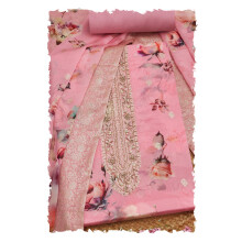 Material de Vestido Feminino Soch em Organza Rosa com Estampado Floral e Pérola