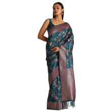 Soch Kvinnor Teal Tussar Blommig Saree Med Zari Vävning