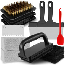 Griddle Cleaning Kit 14 Piece Heat Safe Flat Grill Cleaner Set with Stainless Steel Scraper and Natural Pumice Bar for Outdoor BBQ