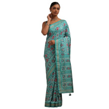 Soch Kvinno Turquoise Blå Sidenblandning Ikattryck Saree Stenarbeten