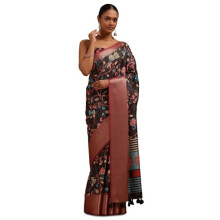 Soch Kvinnor Svart Tussar Blommig Saree