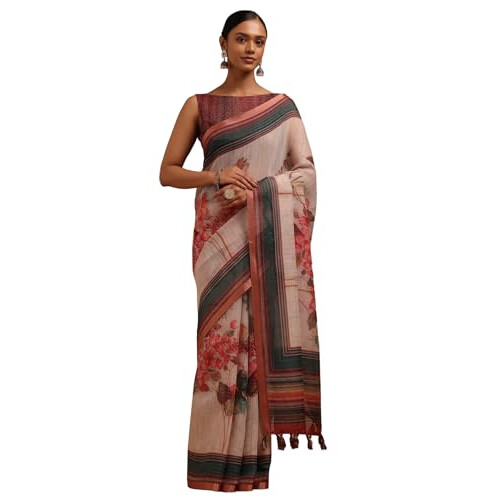 Soch Kvinnor Beige Linne Botanisk Tryck Saree