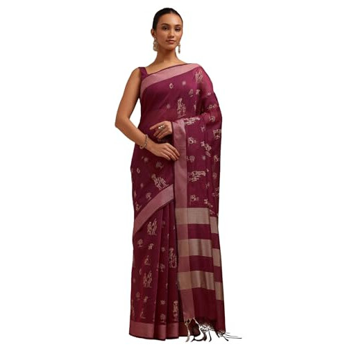 Soch Womens Wine Chanderi Warli Saree With Thread Work