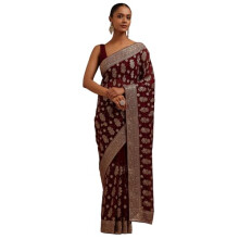 Soch Kvinnor Vin Georgette Broderad Saree Med Stenar