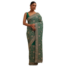 Soch Kvinna Teal Grön Georgette Broderad Saree Med Stenarbeten