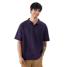 The Souled Store Solids: Berry Blue Men And Boys Short Sleeve Collared Neck Cotton Blend Oversized Polos