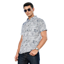 Camisa Thomas Scott Masculina | Estampada | Colarinho Aberto | 100% Algodão | Manga Curta | Disponível em Tamanhos Grandes Azul