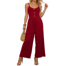 Women Jumpsuits Casual Sleeveless Strap Wide Leg-Burgundy XXL
