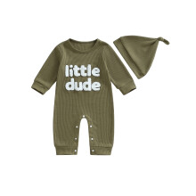 (9-12 Months, Green) Tutina neonato a nido d'ape con ricamo lettere, maniche lunghe e cappellino, ideale per l'autunno.