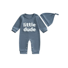 (12-18 Months, Blue) Tutina neonato a nido d'ape con ricamo lettere, maniche lunghe e cappellino, ideale per l'autunno.