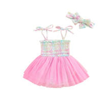(6-9 Months, Pink) Robe pour bébé fille, robe de princesse en tulle à rayures plissées, parfaite pour les fêtes.