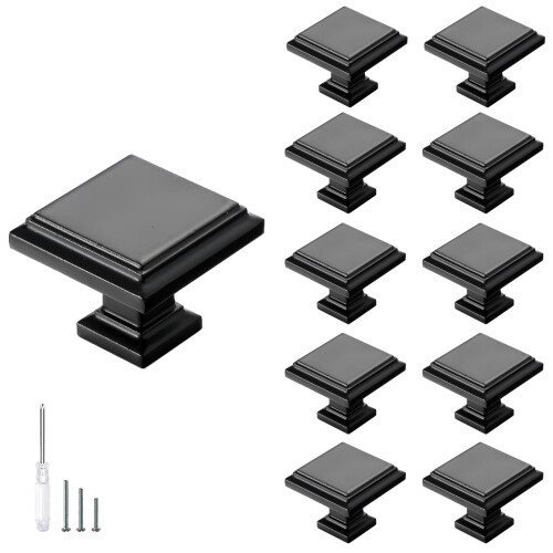 10 Pack Matte Black Cabinet Knobs Set, Square Kitchen Hardware with Easy Installation and Scratch‑Resistant Finish