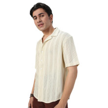 Camisa Oversized Beje em Algodão para Homem com Gola Cubana