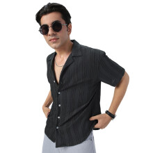 Camisa Masculina Oversized Cinza Escuro de Algodão com Gola Cubana