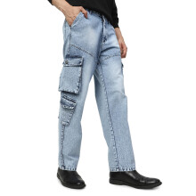 Urbano Fashion Herrar Isblå Lösa Baggy Cargo Jeans Med 7 Fickor Icke-Stretchiga