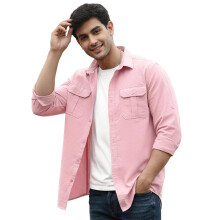 Camisa Casual Sólida Rosa de Algodão com Mangas Longas para Homens Urbano Fashion