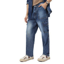 Urbano Fashion Ανδρικά Μπλε Φαρδιά Κατεργασμένα Cargo Jeans με 6 Τσέπες