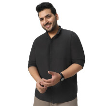 Camisa Casual de Manga Longa em Algodão Carvão Urbano Plus para Homens com Gola Band