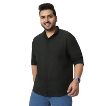 Camisa Casual Urbana Plus Para Homens de Algodão Verde Oliva Com Colarinho Band