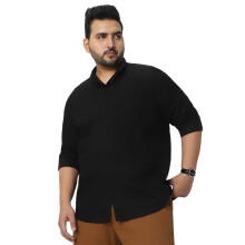 Camisa Casual Urbana Plus Masculina Preta de Algodão com Gola de Banda (Plusshirtsolbndp-02-Preto-3XL)