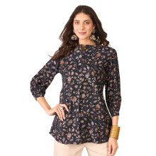 Vaamsi Dames Navy Blauw Katoenmix Bloemenprint Top | Westerse Tops voor Dames (Vt1398, L)
