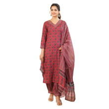 Vaamsi Ensemble Femme Rouge Rayonne Imprimée Kurta Salwar Avec Dupatta | Ensemble Kurta Droite Quotidien
