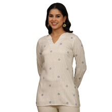 Top Reto de Rayon Bege com Listras em Decote Curvo (Tamanho: P)-W31239-124259