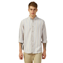 Camisas de Manga Longa Relaxed Fit com Botão e Colarinho em Bege com Listras da Dennis Lingo