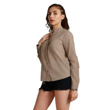 Haut Femme Beige Chemise Casual Coton Manches Longues Col Mandarin Hswshw23002Fk_Be_S