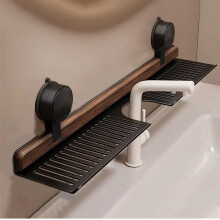 Bathroom Suction Cup Shelf NoDrill Wall Mount Wood Faucet Storage Rack with Hollow Drain Design Black