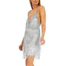 Women Elegant Glitter Sequins Fringe Mini Cami Dress-Silver M