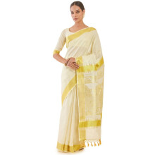 Soch Damkvin Off White Tissue Kasavu Saree med Zari Vävda Etniska Mönster