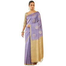 Soch Kvinnors Lila Tussar Silke Saree Med Geometriska Motiv Och Beige Pallu