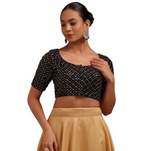 Blusa Padded Soch Feminina de Georgette Preta Bordada com Espelho Falso