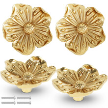 4PCS Brass Cabinet Knobs Gold Flower Design, Vintage Drawer Pulls for Dresser Cupboard Door Handles