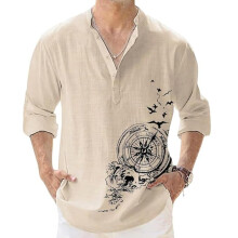 Deemoon Camisa Kurta Casual de Manga Longa em Algodão Beje