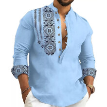Deemoon Camisa Curta Casual de Manga Longa em Algodão Azul Claro
