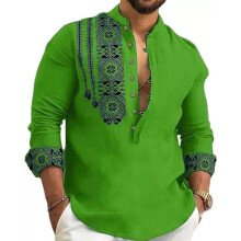 Deemoon Camisa Casual Curta Masculina de Algodão Verde com Gola Mandarim