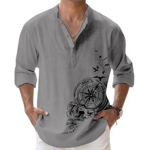Deemoon Camisa Curta Masculina de Algodão com Gola Mandarim Cinza
