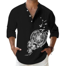 Deemoon Camisa Casual Masculina de Algodão com Gola Mandarim Preta